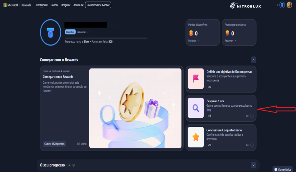 Painel central do Rewards